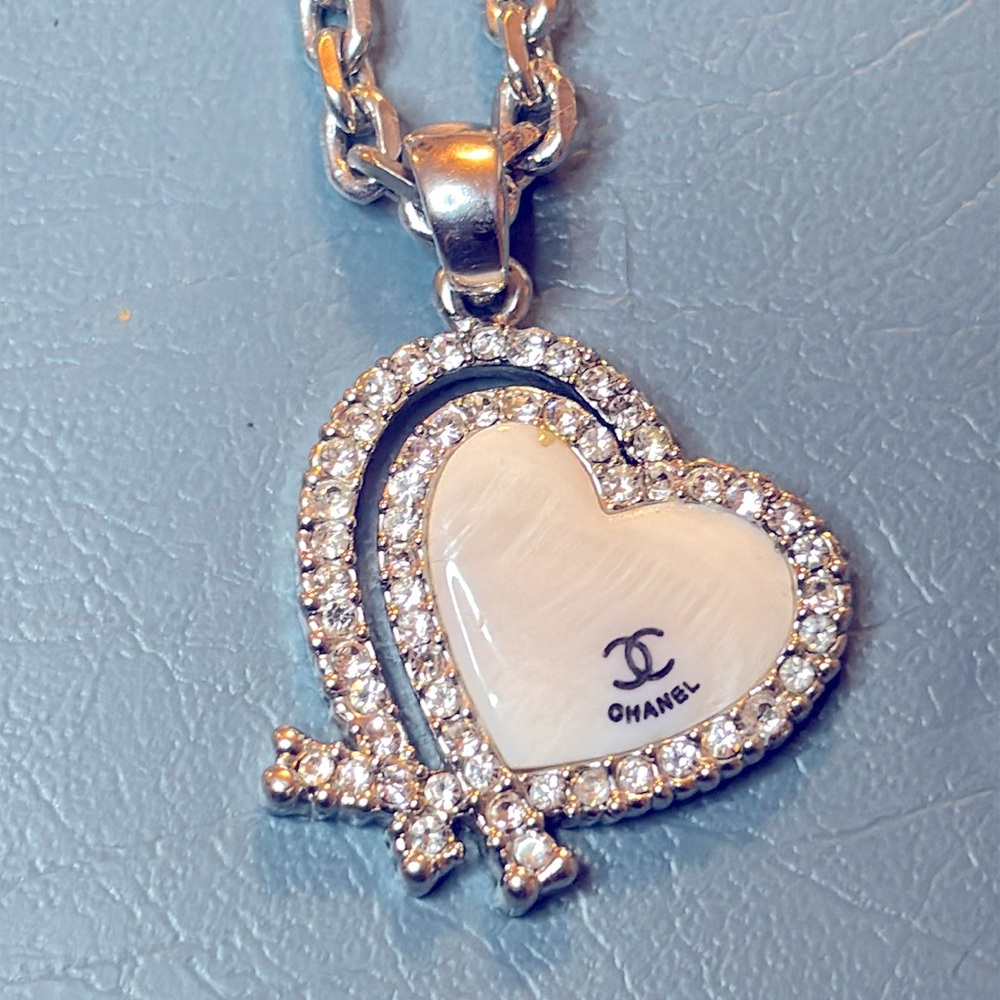 CHANEL Silver and White Heart Necklace